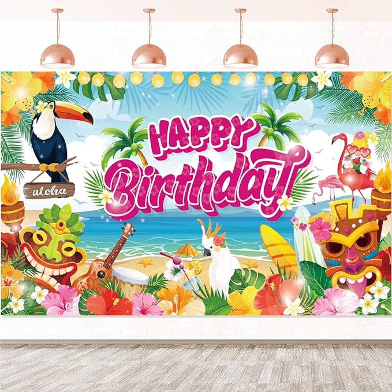 Hawaiian Birthday Backdrop Banner Decorations Aloha Luau Party, Large 72" x 43" Summer Happy Birthday Party Supplies for Hawaiian Tiki Beach Pool Party Flamingo Jungle Photography